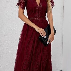 Womens V Neck Floral Lace Maxi Dress